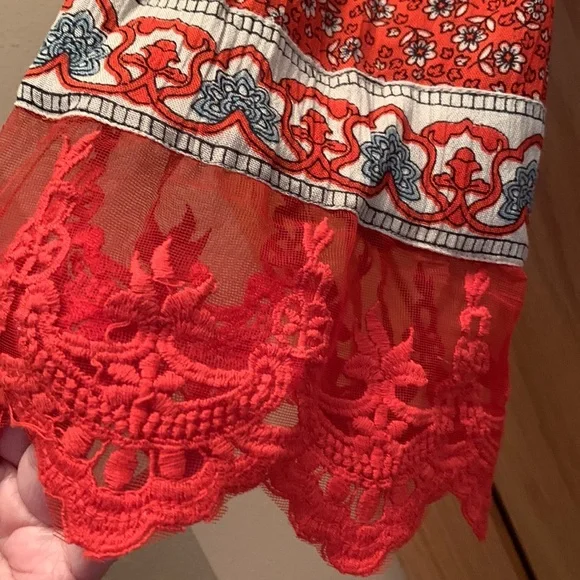 Boho Red Lace Print Long Sleeved Dress S R Fashion - Picture 12 of 13